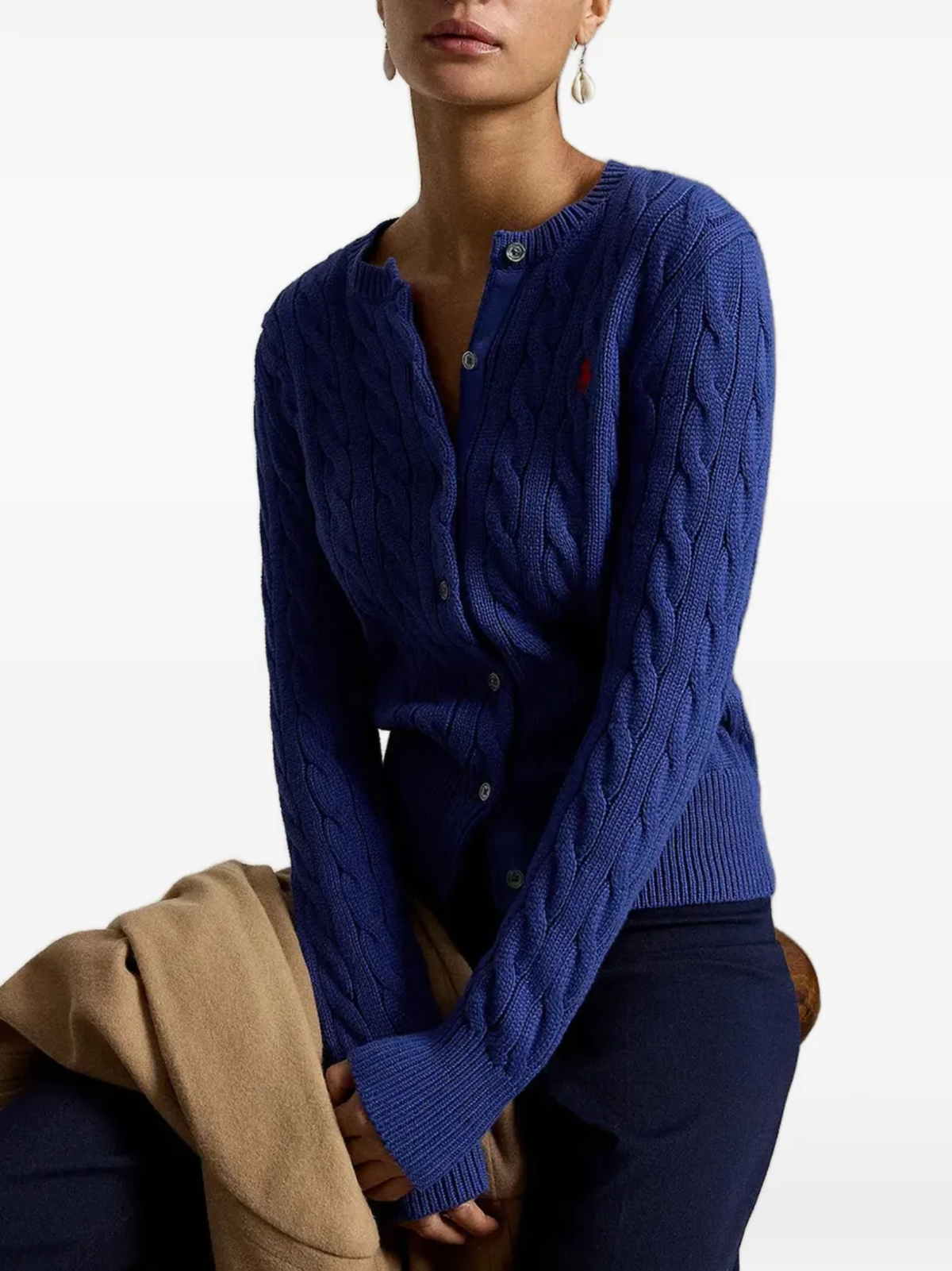 RALPH LAUREN WOMEN Cable-knit Cotton Crewneck Cardigan Charter Blue