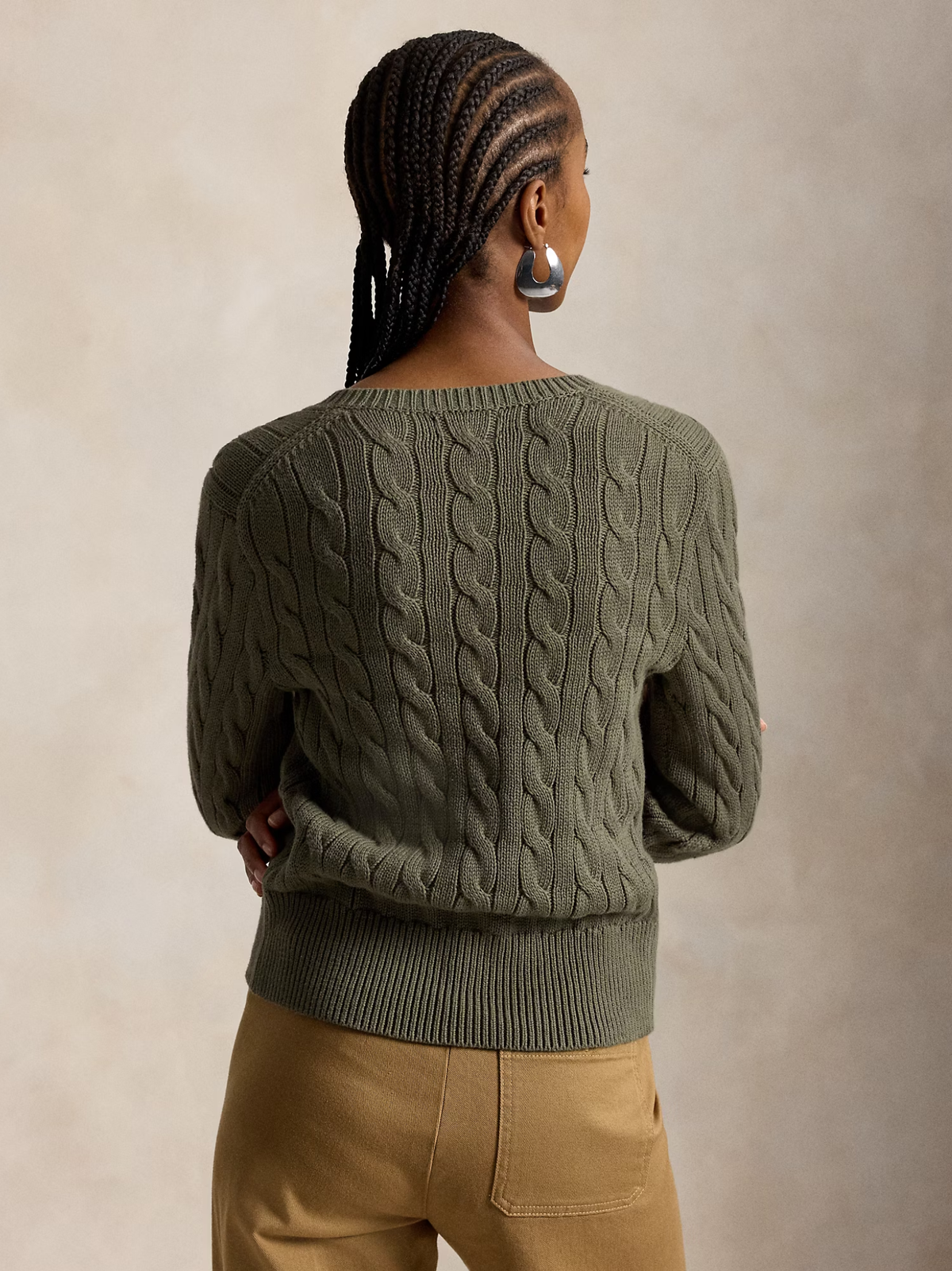 RALPH LAUREN WOMEN Cable-knit Cotton Crewneck Cardigan Dense Olive